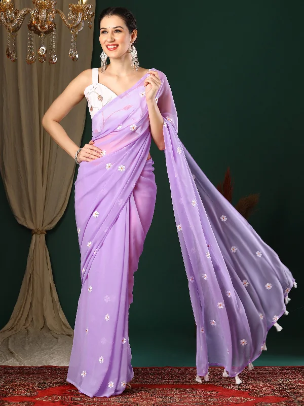 Women's Georgette Lavender Embroidered Designer Saree With Blouse Piece Elegant Semi-Sheer Blouse Women's Georgette Lavender Embroidered Designer Saree With Blouse Piece Elegant Semi-Sheer Blouse
