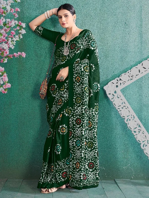 Women's Cotton Green Printed Designer Saree With Blouse Piece Balloon Sleeve Blouse