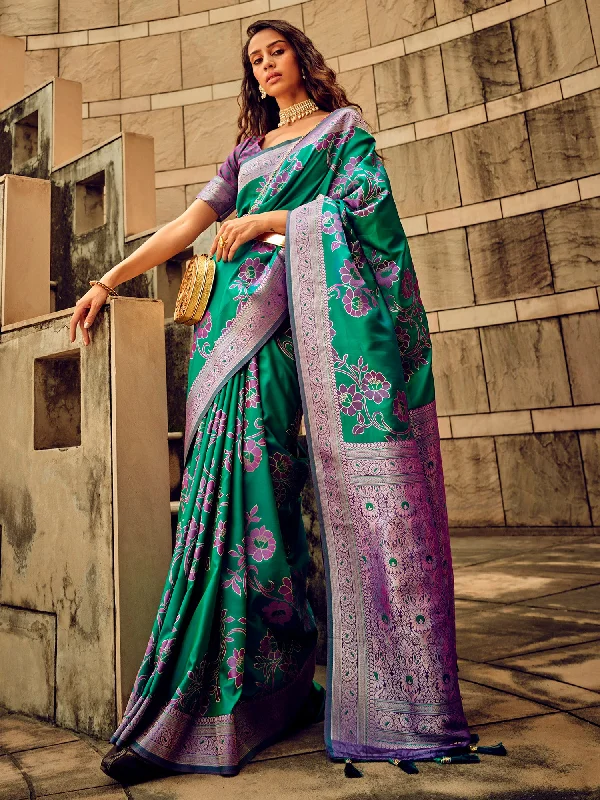 Women's Satin Silk Teal green Woven Design Designer Saree With Blouse Piece Silky Draped Blouse Women's Satin Silk Teal green Woven Design Designer Saree With Blouse Piece Silky Draped Blouse