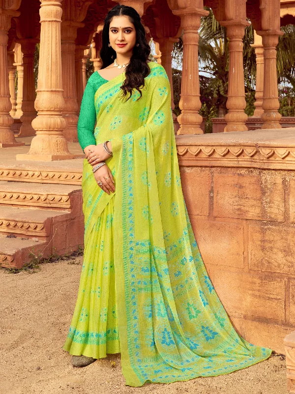 Women's Chiffon Light Green Printed Designer Saree With Blouse Piece Sheer Mesh Blouse Women's Chiffon Light Green Printed Designer Saree With Blouse Piece Sheer Mesh Blouse