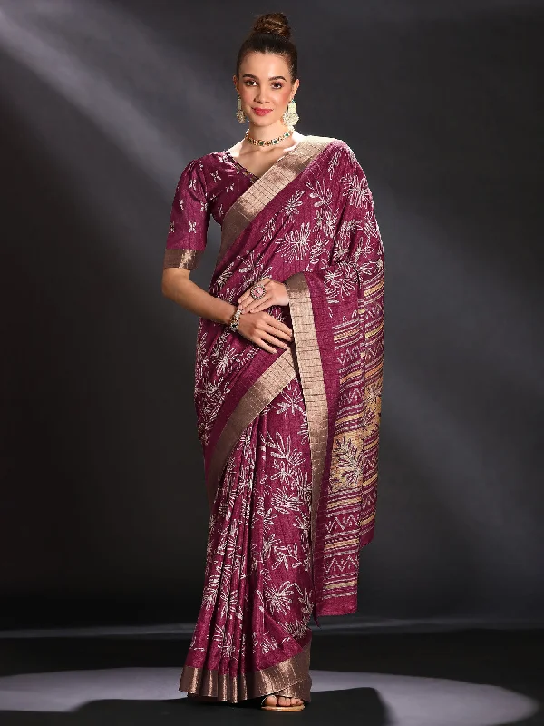 Women's Silk Blend Magenta Printed Designer Saree With Blouse Piece Embroidered Cotton Blouse Women's Silk Blend Magenta Printed Designer Saree With Blouse Piece Embroidered Cotton Blouse