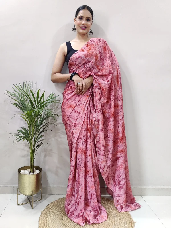 Women's Chiffon Pink Printed Ready to Wear With Blouse Piece Elegant Semi-Sheer Blouse Women's Chiffon Pink Printed Ready to Wear With Blouse Piece Elegant Semi-Sheer Blouse