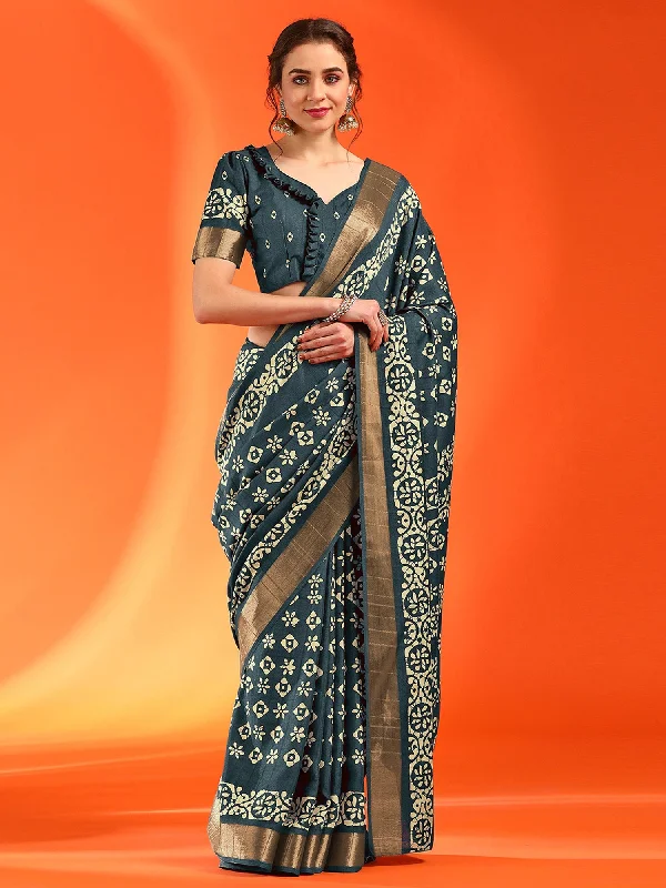 Women's Silk Blend Teal blue Printed Designer Saree With Blouse Piece Loose Oversized Blouse Women's Silk Blend Teal blue Printed Designer Saree With Blouse Piece Loose Oversized Blouse