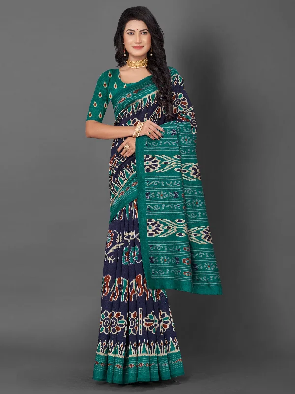 Women's Bhagalpuri Silk Navy Blue Printed Designer Saree With Blouse Piece Backless Summer Blouse Women's Bhagalpuri Silk Navy Blue Printed Designer Saree With Blouse Piece Backless Summer Blouse