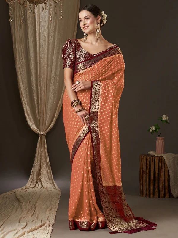Women's Georgette Peach Woven Design Designer Saree With Blouse Piece Feminine Satin Blouse Women's Georgette Peach Woven Design Designer Saree With Blouse Piece Feminine Satin Blouse