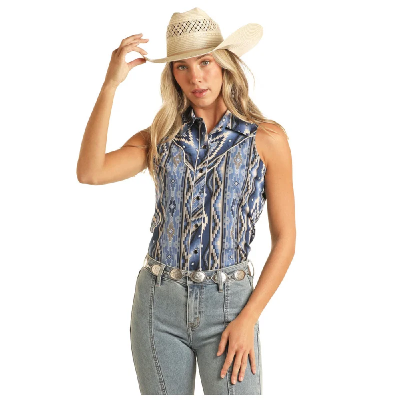 BWN0S03932 Rock & Roll Ladies Sleeveless Aztec Print Snap Shirt - Blue-- Spandex Blend Rayon Blend Denim Blend BWN0S03932 Rock & Roll Ladies Sleeveless Aztec Print Snap Shirt - Blue-- Spandex Blend Rayon Blend Denim Blend