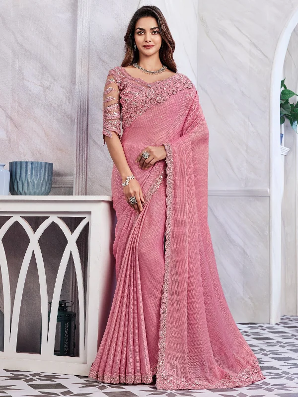 Women's Georgette Pink Embellished Designer Saree With Blouse Piece Sheer Mesh Blouse Women's Georgette Pink Embellished Designer Saree With Blouse Piece Sheer Mesh Blouse