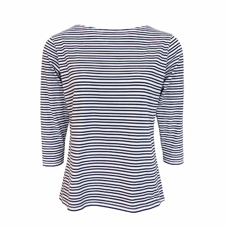 Slash Neck 3/4 Sleeve T-Shirt - Navy & White-- Front Pockets Side Pockets Patch Pockets Slash Neck 3/4 Sleeve T-Shirt - Navy & White-- Front Pockets Side Pockets Patch Pockets