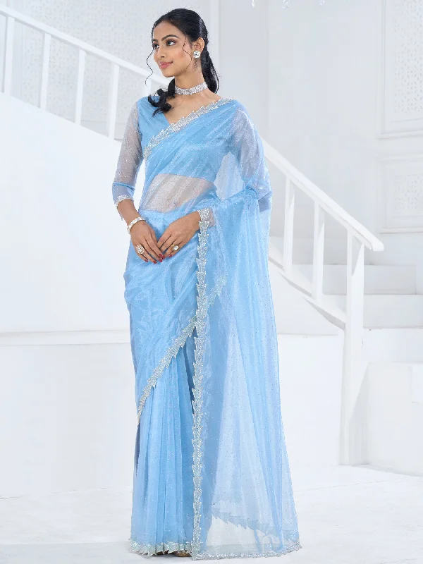 Women's Organza Light Blue Embellished Designer Saree With Blouse Piece High Neck Blouse Women's Organza Light Blue Embellished Designer Saree With Blouse Piece High Neck Blouse