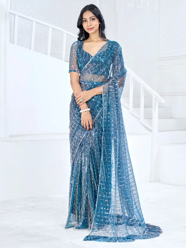 Women's Lycra Teal blue Embellished Ready to Wear With Blouse Piece Soft Pastel Blouse Women's Lycra Teal blue Embellished Ready to Wear With Blouse Piece Soft Pastel Blouse