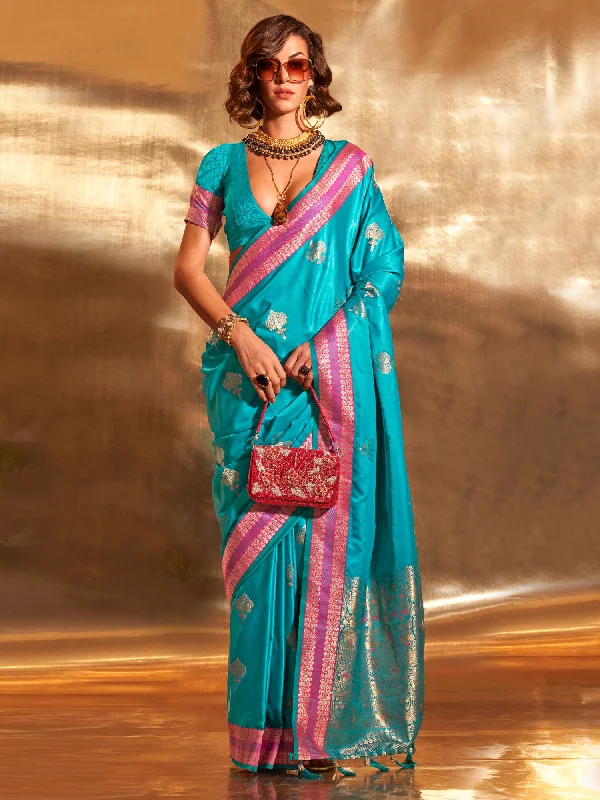 Women's Satin Silk Blue Woven Design Designer Saree With Blouse Piece High Neck Blouse