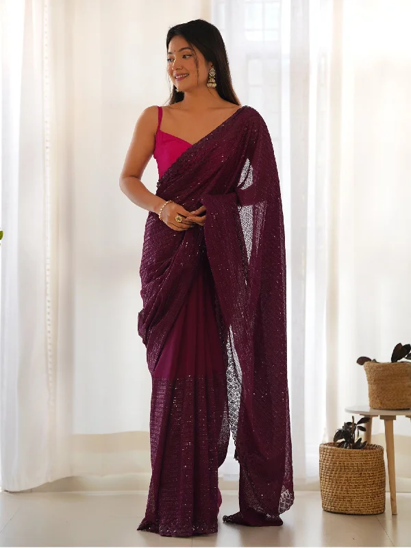 Women's Georgette Purple Embellished Designer Saree With Blouse Piece Wrap Front Blouse Women's Georgette Purple Embellished Designer Saree With Blouse Piece Wrap Front Blouse