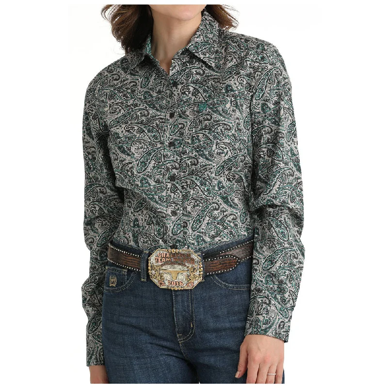 MSW9164223 Cinch Women's Long Sleeve Western Button Shirt - Grey & Green Paisley Print-- Notch Collar Peter Pan Collar Cowl Neck MSW9164223 Cinch Women's Long Sleeve Western Button Shirt - Grey & Green Paisley Print-- Notch Collar Peter Pan Collar Cowl Neck