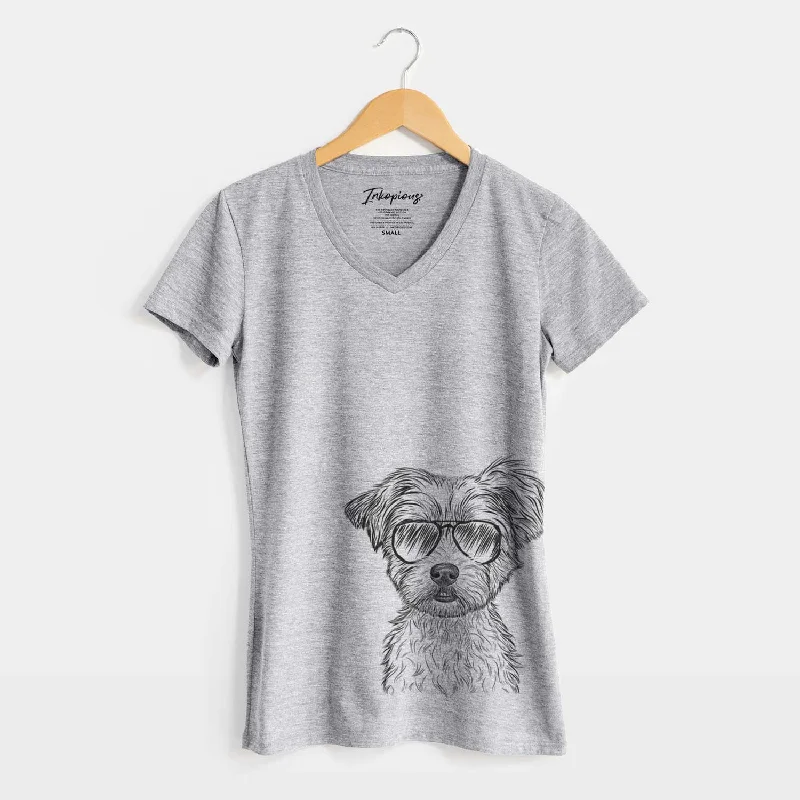 Aviator William Mitchell Newman the Yorkshire Terrier - Women's V-neck Shirt-- Ribbed Striped Patterned Aviator William Mitchell Newman the Yorkshire Terrier - Women's V-neck Shirt-- Ribbed Striped Patterned