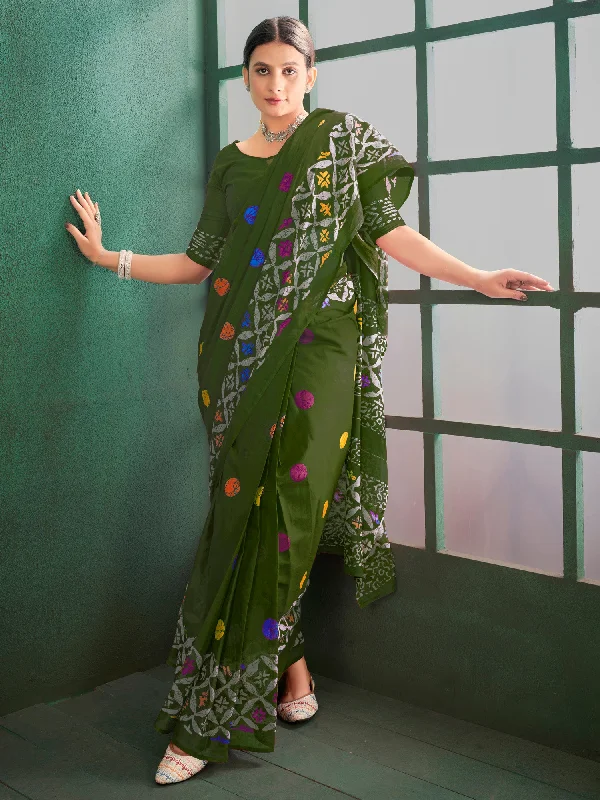 Women's Cotton Olive Printed Designer Saree With Blouse Piece Satin Drape Blouse