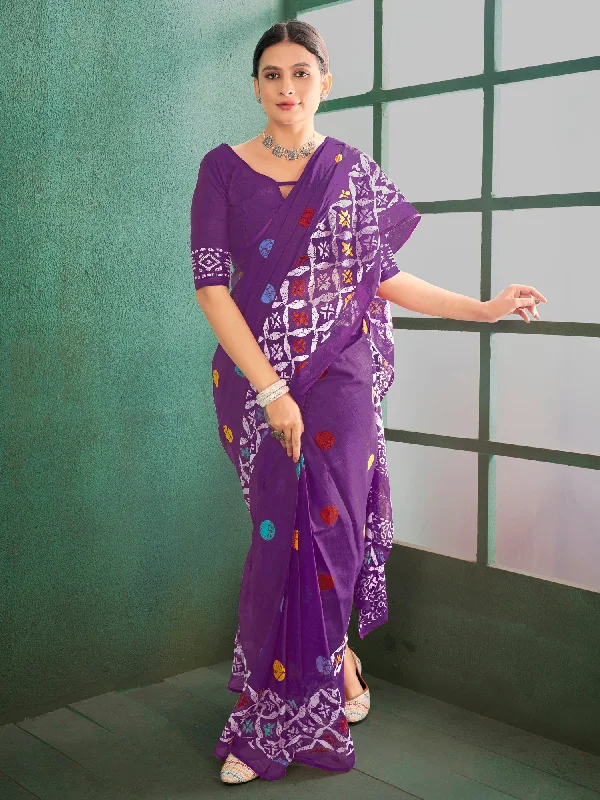 Women's Cotton Purple Printed Designer Saree With Blouse Piece Casual Relaxed Blouse Women's Cotton Purple Printed Designer Saree With Blouse Piece Casual Relaxed Blouse