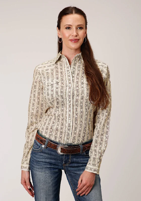 Roper Womens Cream/Brown Cotton Blend Wallpaper Stripe L/S Shirt-- Fleece Fabric Down Fabric Feather Fabric Roper Womens Cream/Brown Cotton Blend Wallpaper Stripe L/S Shirt-- Fleece Fabric Down Fabric Feather Fabric