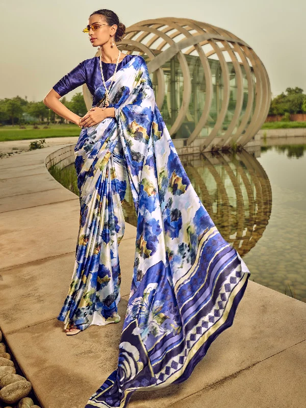 Women's Satin Silk Off White Printed Designer Saree With Blouse Piece Frilled Cuff Blouse Women's Satin Silk Off White Printed Designer Saree With Blouse Piece Frilled Cuff Blouse