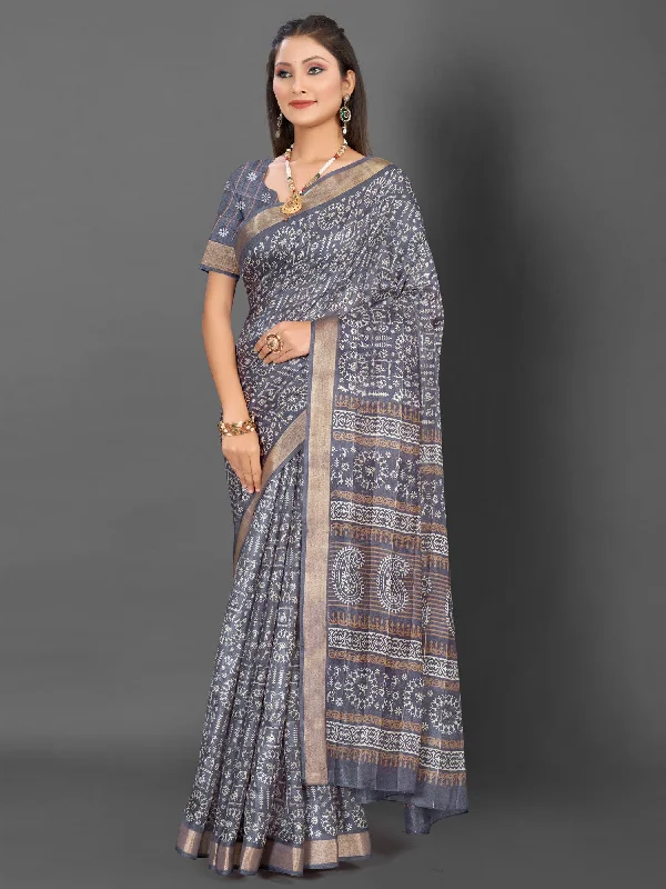 Women's Silk Blend Grey Printed Designer Saree With Blouse Piece Pastel Color Blouse Women's Silk Blend Grey Printed Designer Saree With Blouse Piece Pastel Color Blouse