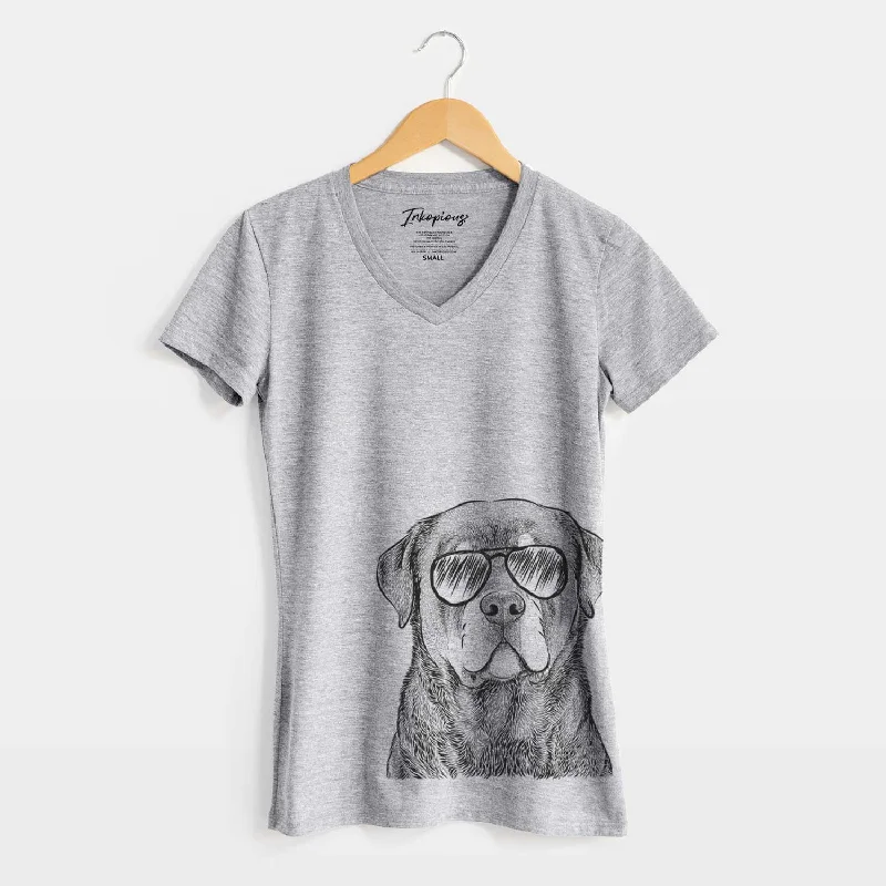 Aviator Sarge the Rottweiler - Women's V-neck Shirt-- Notch Collar Peter Pan Collar Cowl Neck Aviator Sarge the Rottweiler - Women's V-neck Shirt-- Notch Collar Peter Pan Collar Cowl Neck