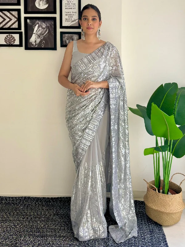Women's Georgette Grey Embellished Designer Saree With Blouse Piece Elegant Peplum Blouse Women's Georgette Grey Embellished Designer Saree With Blouse Piece Elegant Peplum Blouse