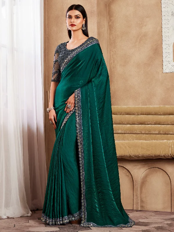 Women's Satin Silk Green Embellished Designer Saree With Blouse Piece Lightweight Chiffon Blouse Women's Satin Silk Green Embellished Designer Saree With Blouse Piece Lightweight Chiffon Blouse