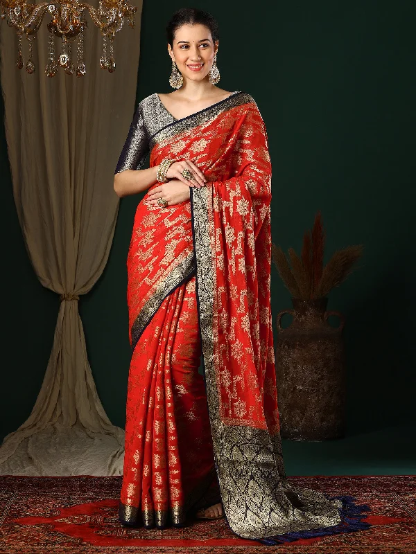 Women's Georgette Red Woven Design Designer Saree With Blouse Piece Silky Tunic Blouse Women's Georgette Red Woven Design Designer Saree With Blouse Piece Silky Tunic Blouse