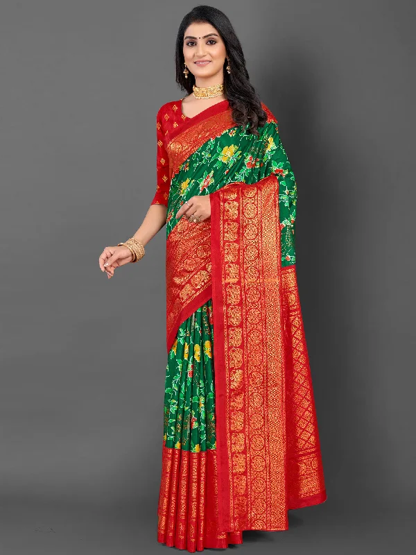 Women's Dola Silk Green Printed Designer Saree With Blouse Piece Balloon Sleeve Blouse Women's Dola Silk Green Printed Designer Saree With Blouse Piece Balloon Sleeve Blouse