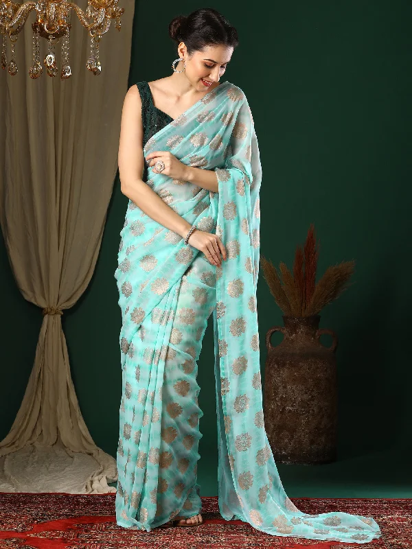 Women's Georgette Light Blue Printed Designer Saree With Blouse Piece Sleeveless Chiffon Blouse Women's Georgette Light Blue Printed Designer Saree With Blouse Piece Sleeveless Chiffon Blouse