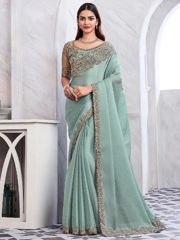 Women's Chiffon Sea Green Embellished Designer Saree With Blouse Piece Drape Neck Blouse Women's Chiffon Sea Green Embellished Designer Saree With Blouse Piece Drape Neck Blouse