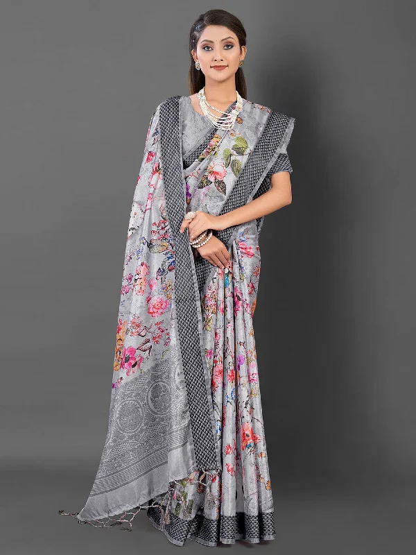 Women's Manipuri Silk Grey Printed Designer Saree With Blouse Piece Loose Fit Blouse Women's Manipuri Silk Grey Printed Designer Saree With Blouse Piece Loose Fit Blouse