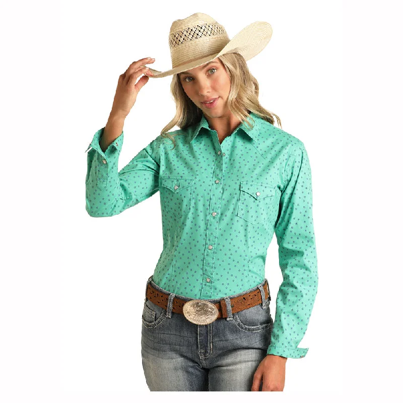 RWN2S03816 Panhandle Roughstock Women's Long Sleeve Western Snap Shirt - Turquoise-- Graphic Embroidered Appliqued RWN2S03816 Panhandle Roughstock Women's Long Sleeve Western Snap Shirt - Turquoise-- Graphic Embroidered Appliqued