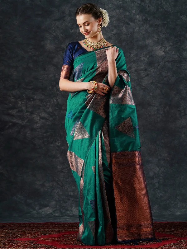Women's Silk Blend Teal blue Woven Design Designer Saree With Blouse Piece Puff Sleeve Blouse Women's Silk Blend Teal blue Woven Design Designer Saree With Blouse Piece Puff Sleeve Blouse