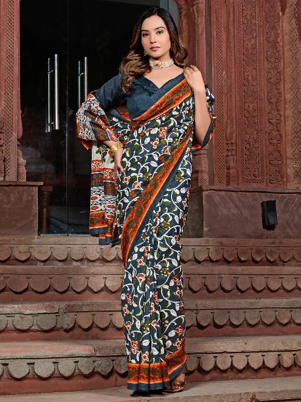Women's Bhagalpuri Silk Charcoal Grey Printed Designer Saree With Blouse Piece Peter Pan Collar Blouse Women's Bhagalpuri Silk Charcoal Grey Printed Designer Saree With Blouse Piece Peter Pan Collar Blouse