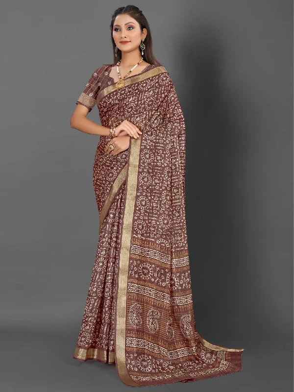 Women's Silk Blend Brown Printed Designer Saree With Blouse Piece Bell Sleeve Blouse Women's Silk Blend Brown Printed Designer Saree With Blouse Piece Bell Sleeve Blouse