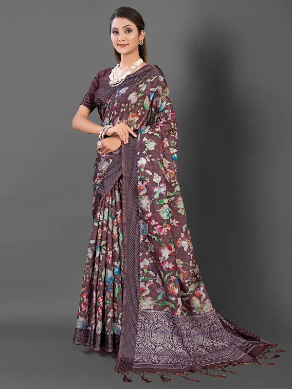 Women's Manipuri Silk Brown Printed Designer Saree With Blouse Piece Puff Sleeve Blouse Women's Manipuri Silk Brown Printed Designer Saree With Blouse Piece Puff Sleeve Blouse