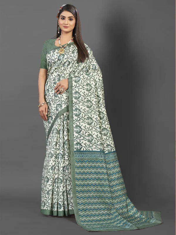 Women's Bhagalpuri Silk Off White Printed Designer Saree With Blouse Piece Modern Work Blouse Women's Bhagalpuri Silk Off White Printed Designer Saree With Blouse Piece Modern Work Blouse
