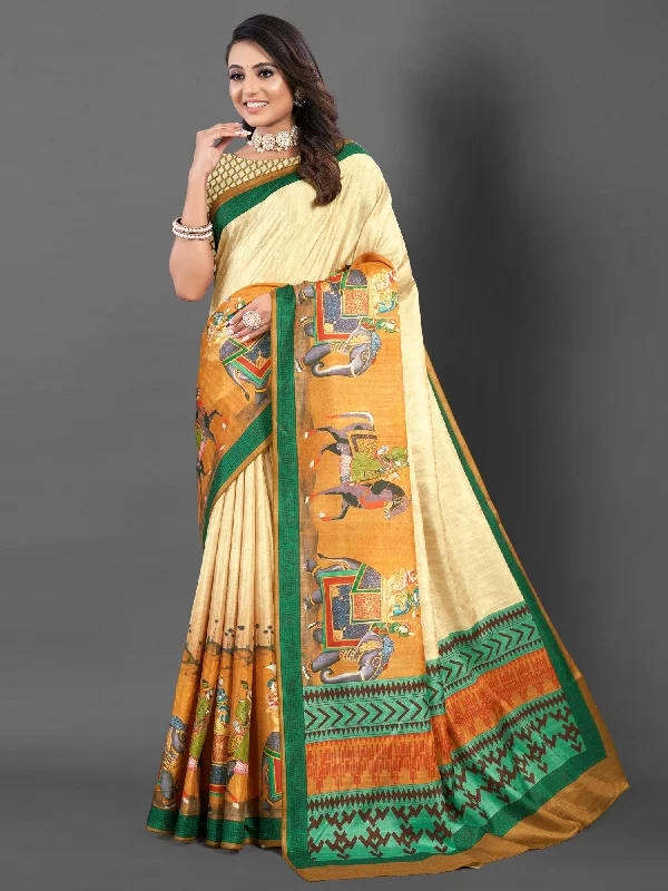Women's Silk Blend Cream Printed Designer Saree With Blouse Piece Playful Puff Blouse Women's Silk Blend Cream Printed Designer Saree With Blouse Piece Playful Puff Blouse