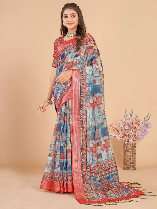 Women's Linen Blend Multicolored Printed Designer Saree With Blouse Piece Flowy Bohemian Blouse Women's Linen Blend Multicolored Printed Designer Saree With Blouse Piece Flowy Bohemian Blouse