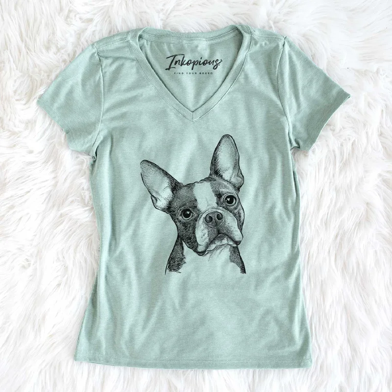 Bare Dee Dee the Boston Terrier - Women's V-neck Shirt-- Mesh Blend Leather Blend Suede Blend Bare Dee Dee the Boston Terrier - Women's V-neck Shirt-- Mesh Blend Leather Blend Suede Blend
