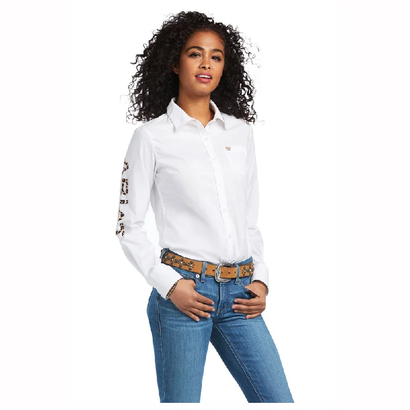 10039457 Ariat Women's Team Kirby Long Sleeve Stretch Shirt - White/Leopard-- Iron Safe Non-Iron Wrinkle Free 10039457 Ariat Women's Team Kirby Long Sleeve Stretch Shirt - White/Leopard-- Iron Safe Non-Iron Wrinkle Free