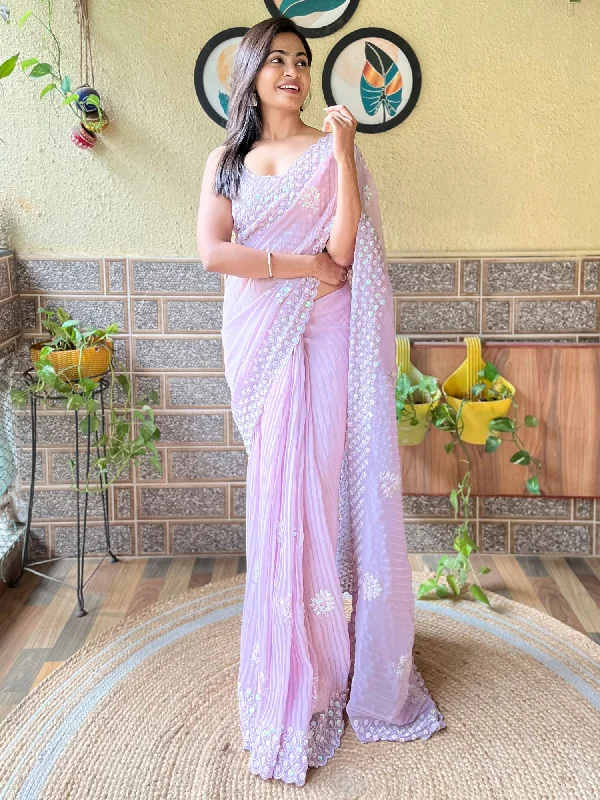 Women's Georgette Lavender Embellished Designer Saree With Blouse Piece Oversized Silk Blouse Women's Georgette Lavender Embellished Designer Saree With Blouse Piece Oversized Silk Blouse