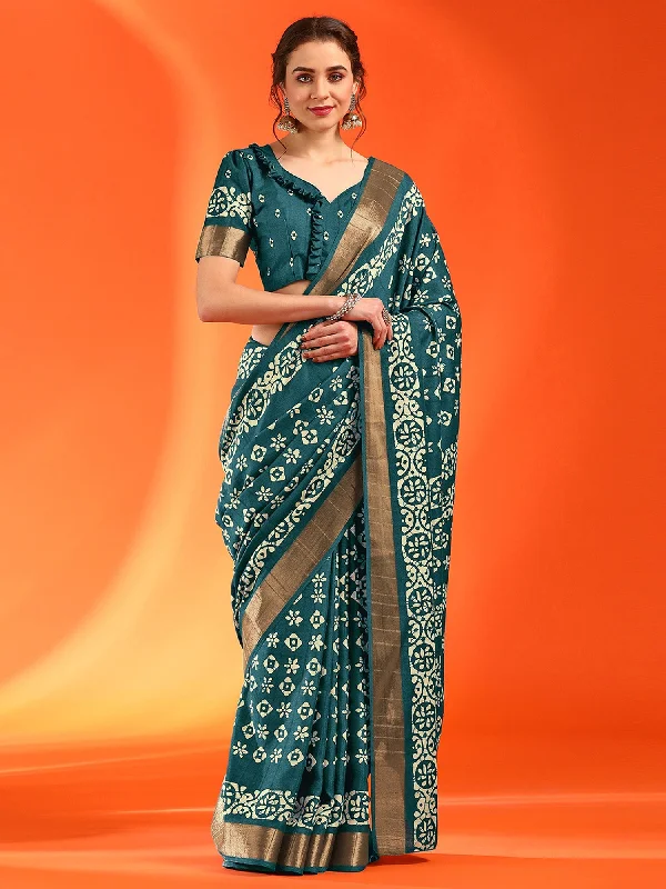 Women's Silk Blend Teal blue Printed Designer Saree With Blouse Piece Double Button Blouse Women's Silk Blend Teal blue Printed Designer Saree With Blouse Piece Double Button Blouse