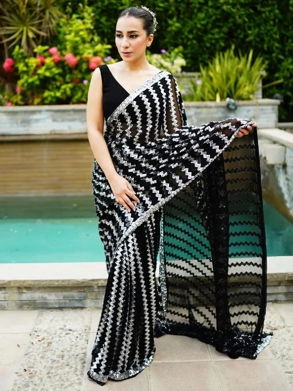 Women's Georgette Black Embellished Designer Saree With Blouse Piece Silky Draped Blouse Women's Georgette Black Embellished Designer Saree With Blouse Piece Silky Draped Blouse
