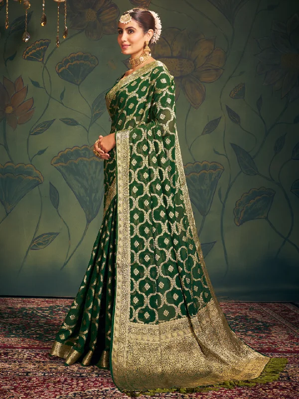 Women's Georgette Green Woven Design Designer Saree With Blouse Piece Peter Pan Blouse Women's Georgette Green Woven Design Designer Saree With Blouse Piece Peter Pan Blouse