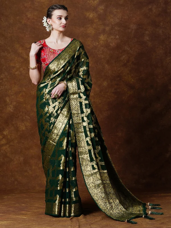 Women's Georgette Green Woven Design Designer Saree With Blouse Piece Mandarin Collar Blouse Women's Georgette Green Woven Design Designer Saree With Blouse Piece Mandarin Collar Blouse