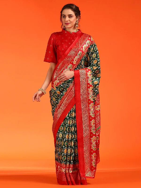 Women's Dola Silk Dark Green Printed Designer Saree With Blouse Piece Subtle Shimmer Blouse Women's Dola Silk Dark Green Printed Designer Saree With Blouse Piece Subtle Shimmer Blouse