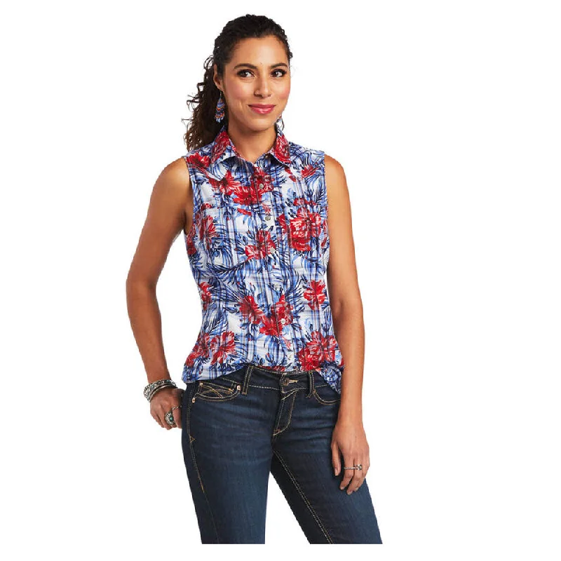 10040614 Ariat Women's Real Billie Jean Sleeveless Shirt - Tropical Plaid-- V-Neck T-Shirt Long Sleeve Cotton 10040614 Ariat Women's Real Billie Jean Sleeveless Shirt - Tropical Plaid-- V-Neck T-Shirt Long Sleeve Cotton