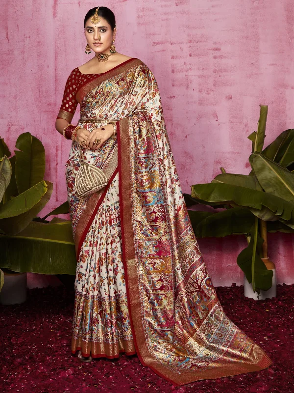 Women's Tussar Silk Cream Printed Designer Saree With Blouse Piece Embellished Collar Blouse Women's Tussar Silk Cream Printed Designer Saree With Blouse Piece Embellished Collar Blouse
