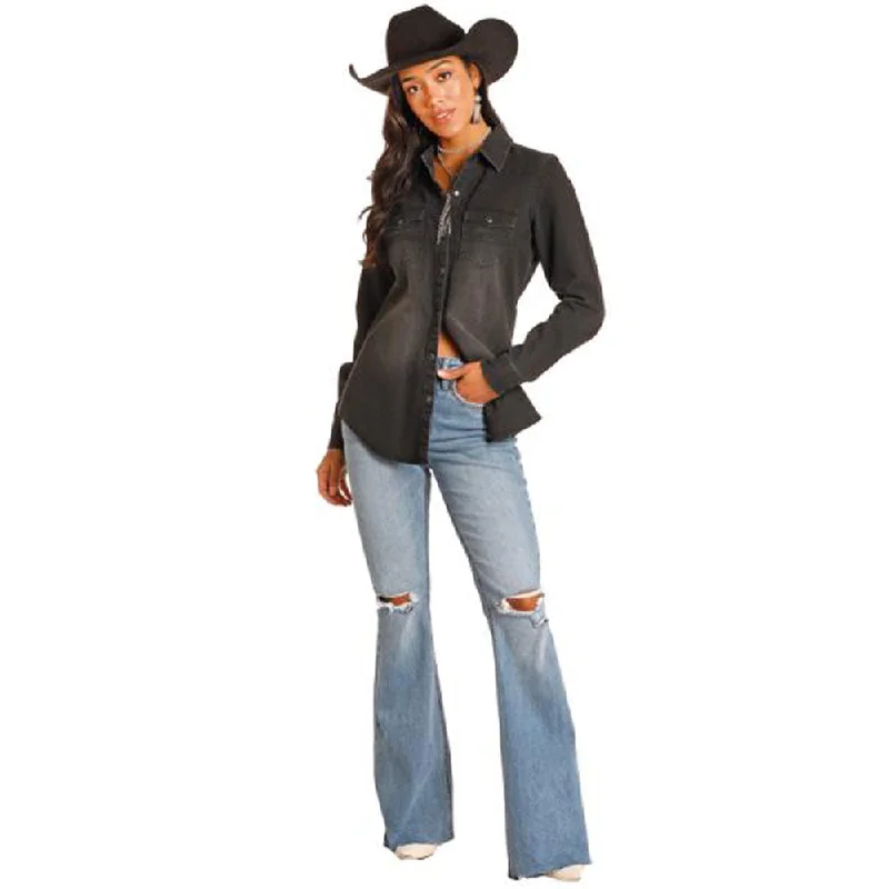 BWN2S03703 Rock & Roll Women's Long Sleeve Denim Snap Shirt - Black-- Zippered Front Buttoned Front Snap Front BWN2S03703 Rock & Roll Women's Long Sleeve Denim Snap Shirt - Black-- Zippered Front Buttoned Front Snap Front